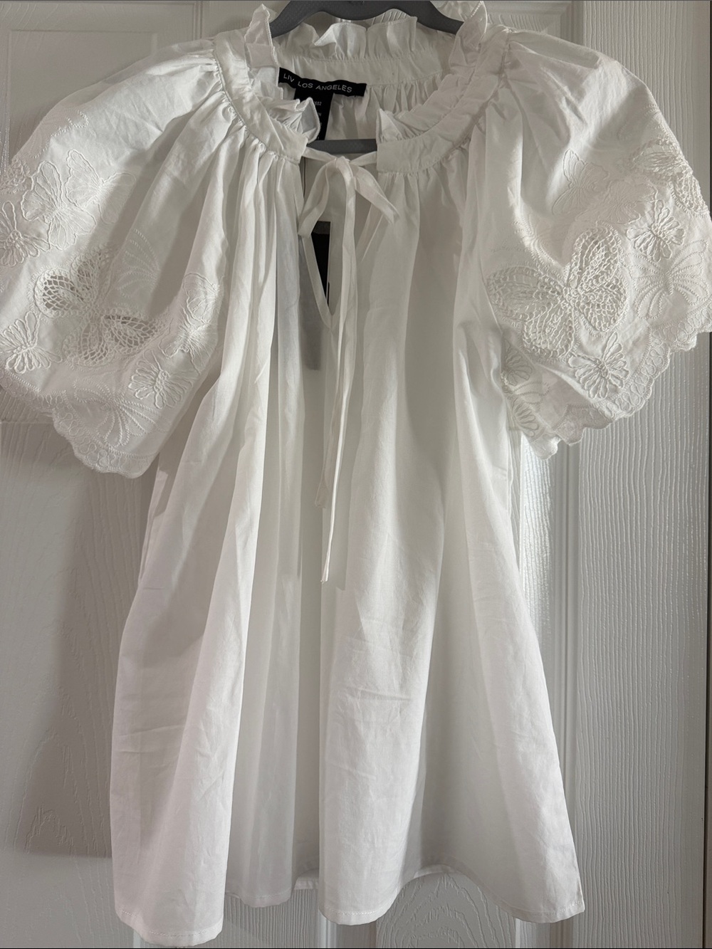 Liv Los Angeles Puff Sleeve Embroidered White Peasant Top